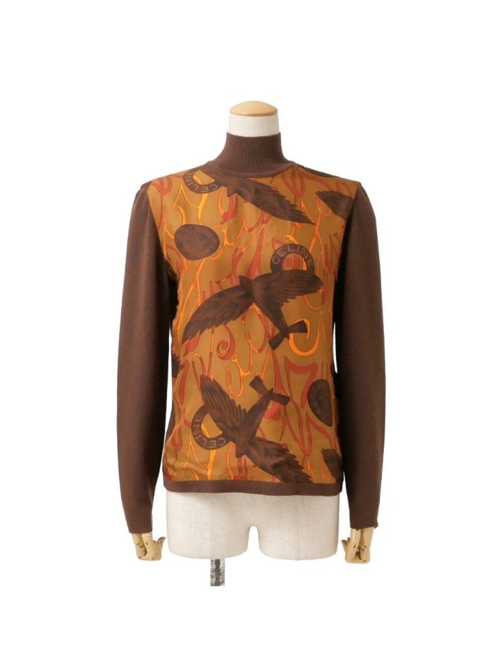 Celine Vintage Sweater High Neck Circle Logo Print Macadam Button Silk Contrast